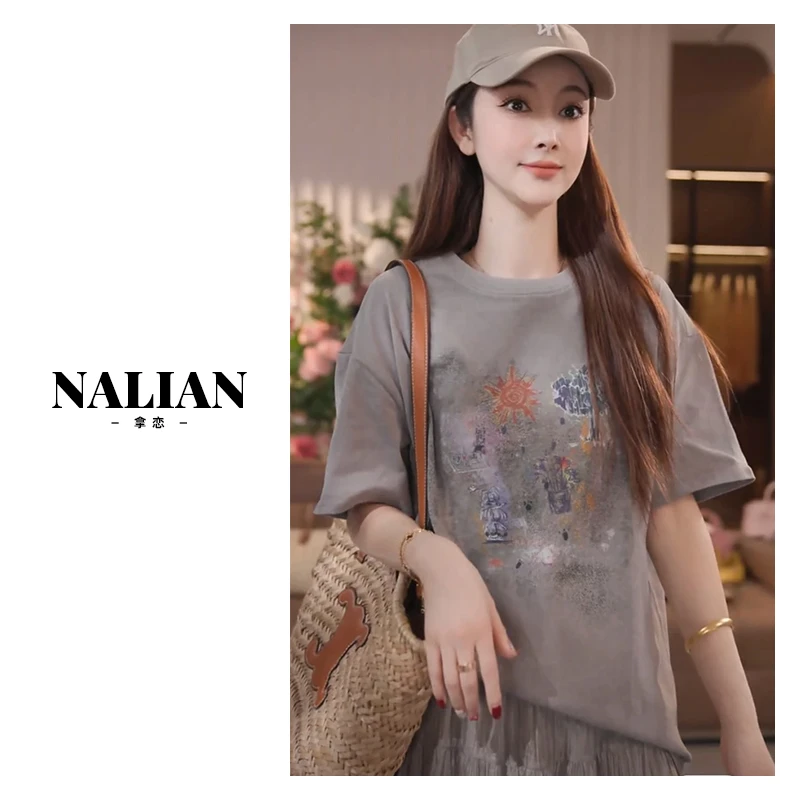 【现货秒发】复古水洗印花正肩纯棉t恤灰色宽松显瘦短袖T   DZ97910