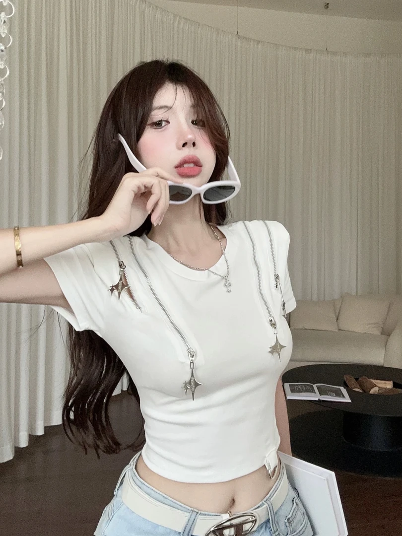 修身型显身材U领短袖2025夏韩版欧若风百搭纯色性感简约风上衣t恤