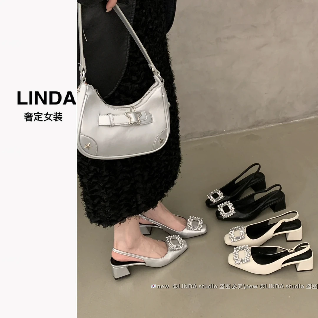 【大方钻 鞋】升级版~  粗跟包头凉鞋后空浅口夏高级感气质法式单鞋