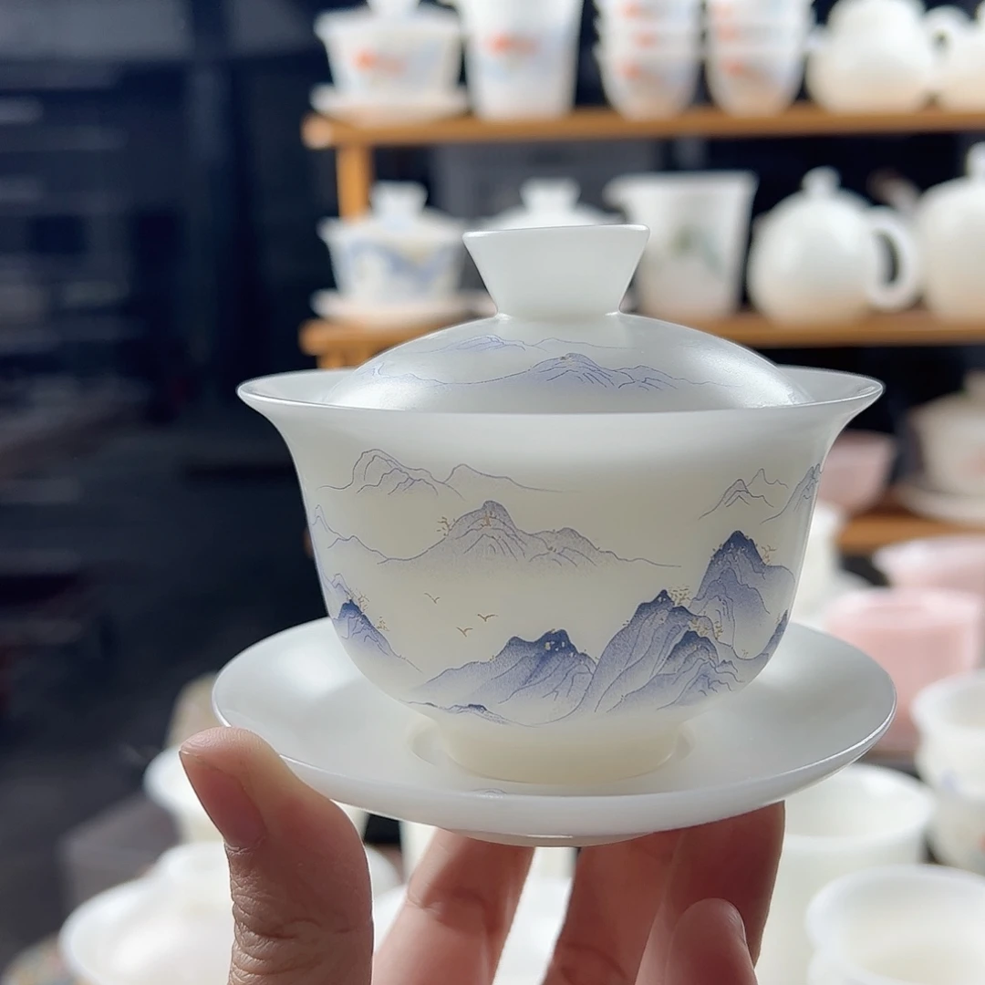 素烧璞玉元宝盖碗170ml1紫色万里山河款