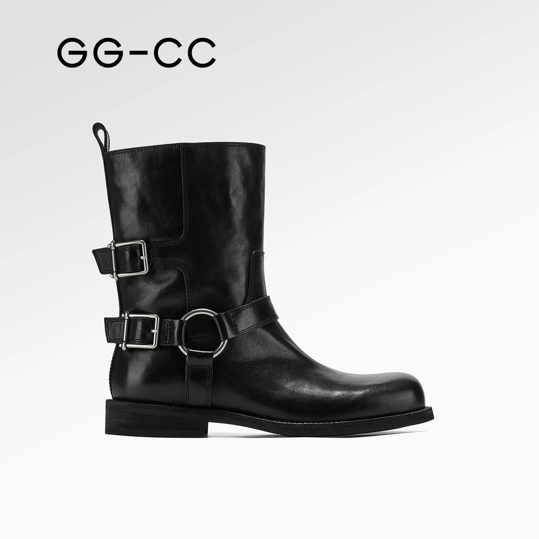 GG-CC【沙丘玫瑰】冬季新款皮带扣西部靴女粗跟百搭机车短靴2923
