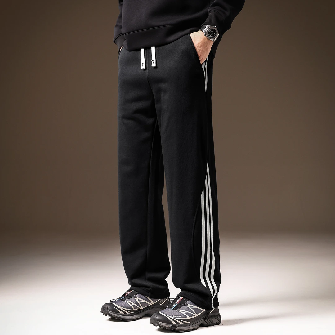 高端黑色运动直筒条纹卫裤男士冬季加绒弹力三条杠宽松休闲裤子男