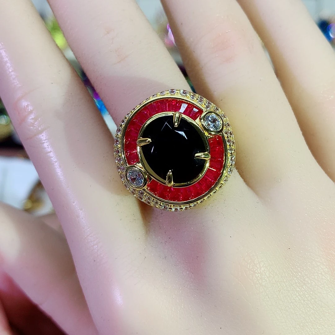 玛瑙/玉髓戒指银S925镀金镶嵌