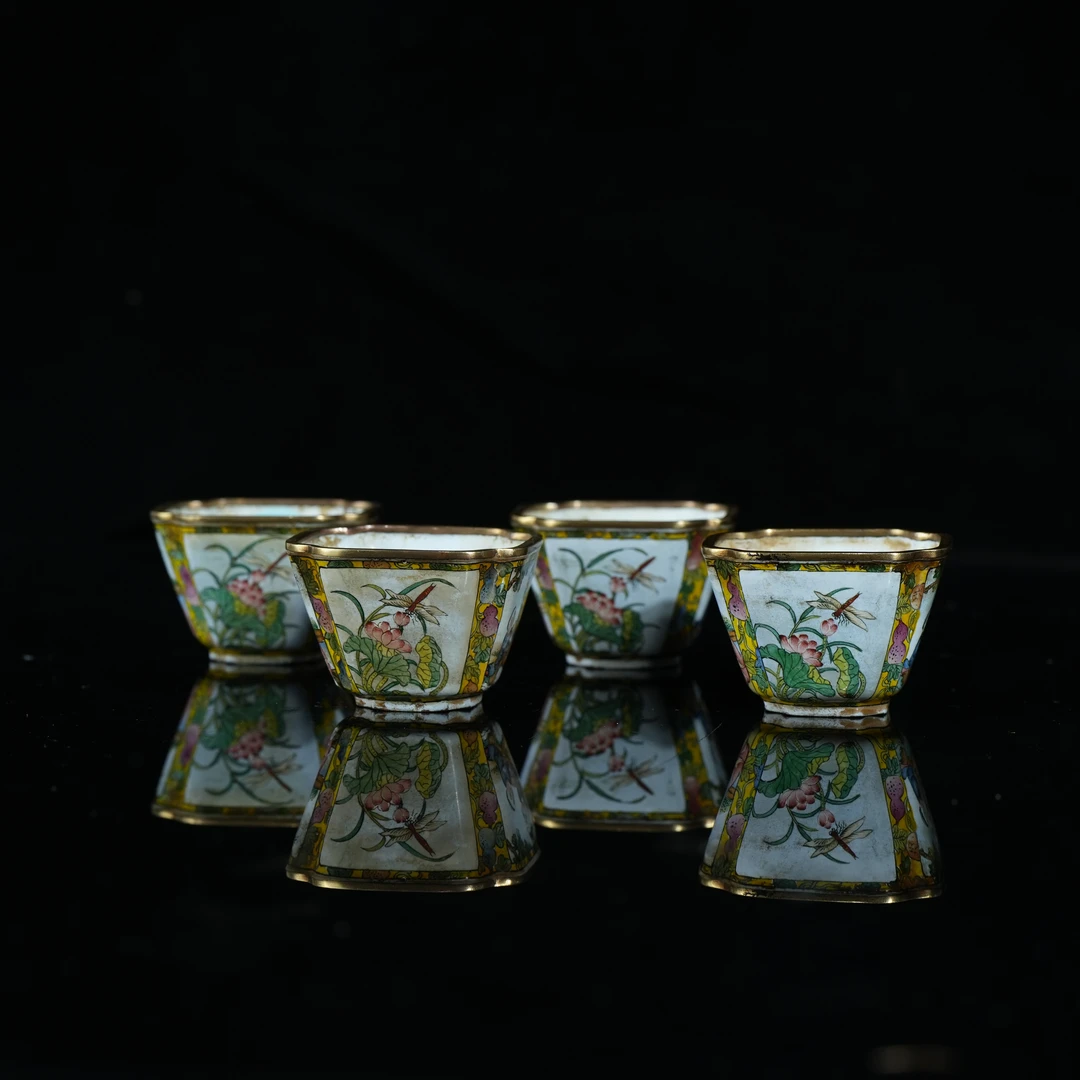 lot14969 4849  晚清 铜胎珐琅花鸟杯一组 D:5