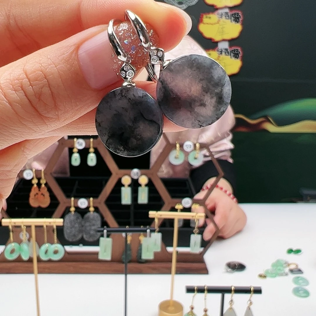 翡翠耳饰银S925镶嵌炜*天然翡翠耳饰银s925镶嵌