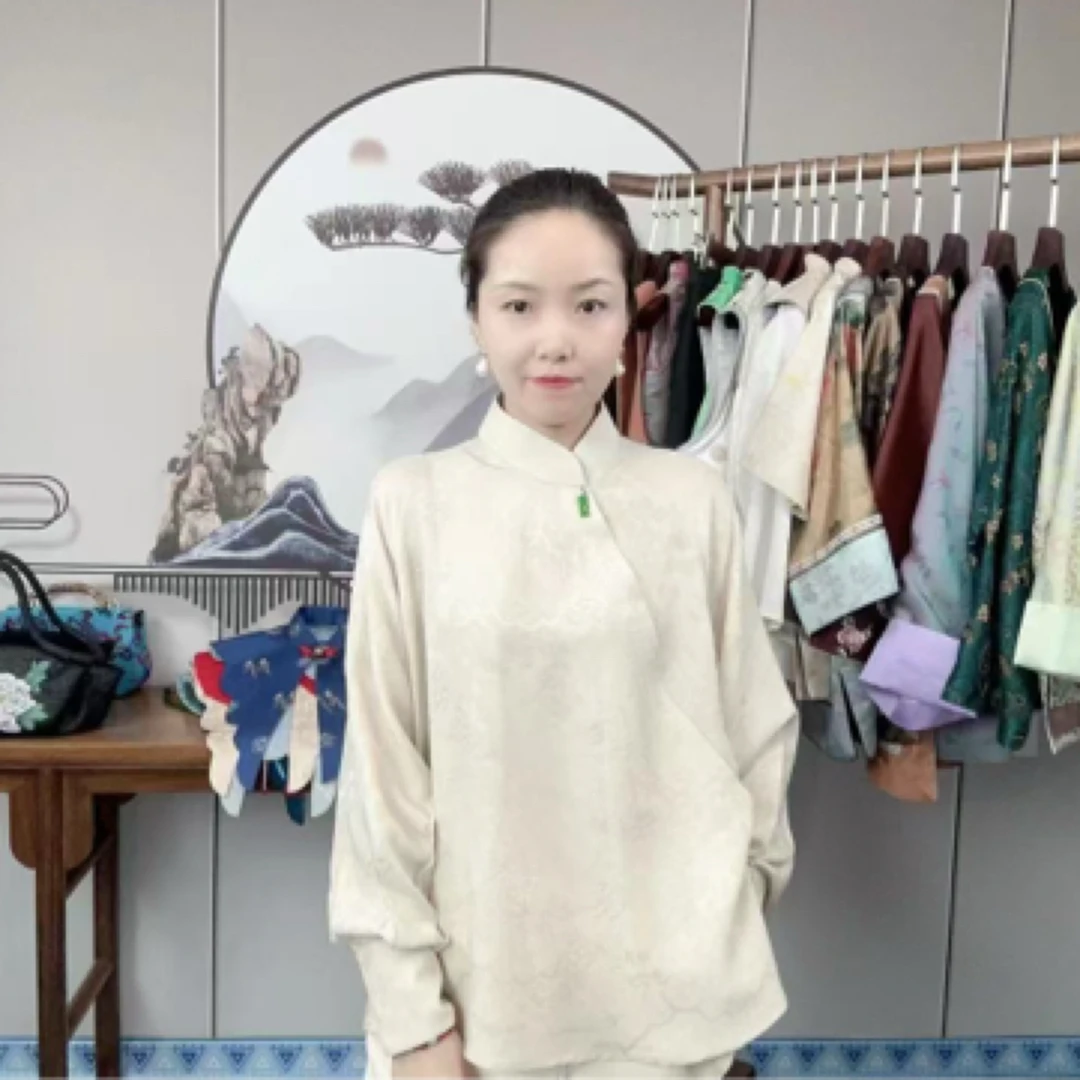 绢若诗春秋季新品质感提花蚕丝花罗唐装复古长袖盘扣时尚中式衬衣