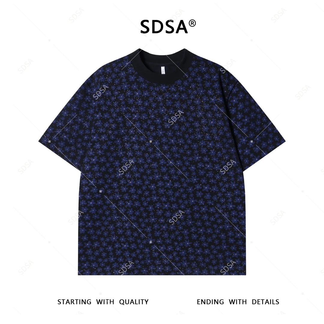 SDSA夏季高级感新款男士满天星撞色满印花卉短袖T恤时尚百搭上衣