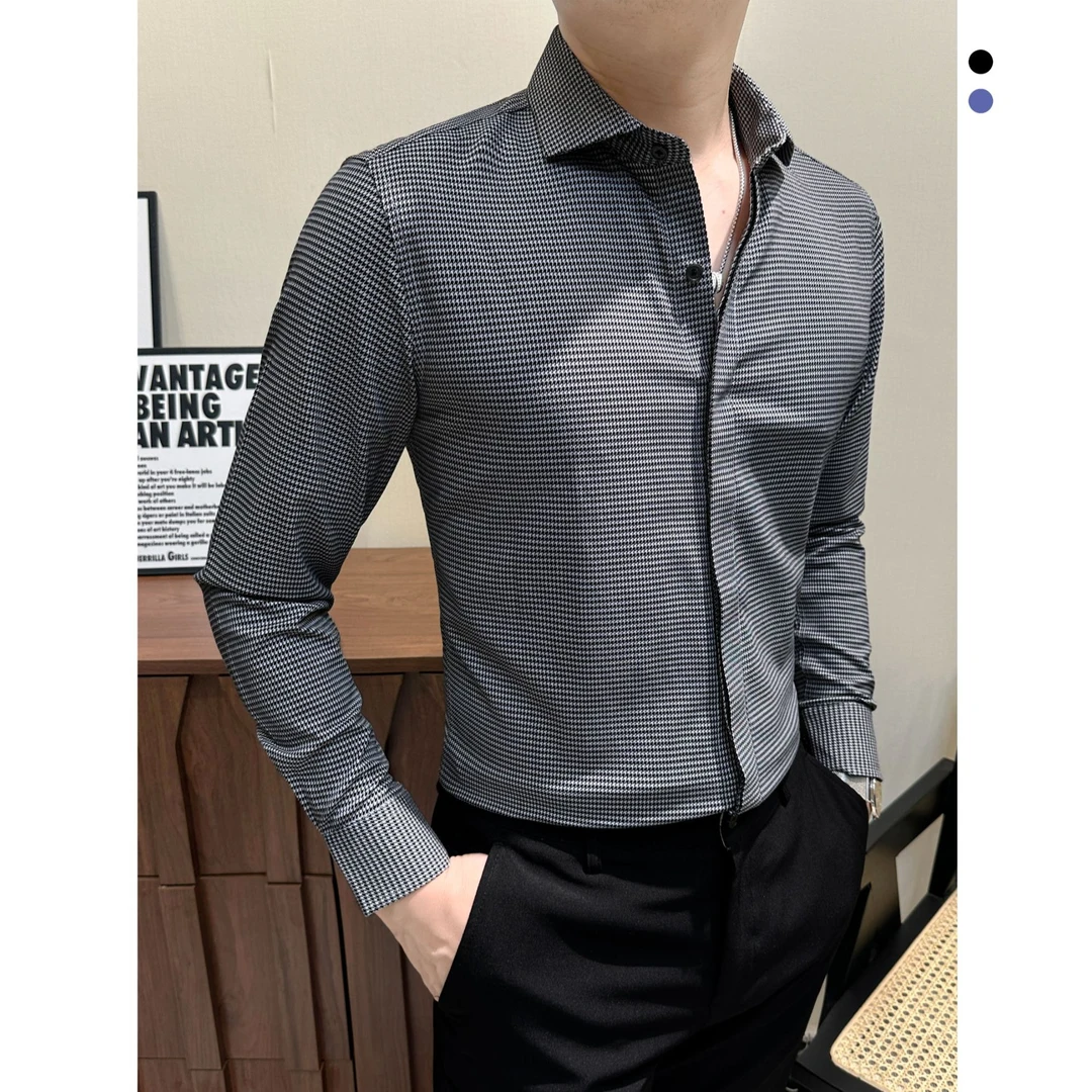 千鸟格衬衫男款长袖爆款2025新款痞帅高级感方领衬衣男士秋款上衣