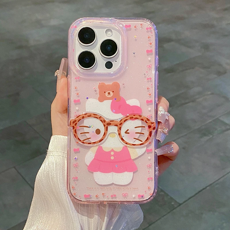 可爱粉眼镜KT双面IMD适用iPhone16手机壳苹果15promax简约14