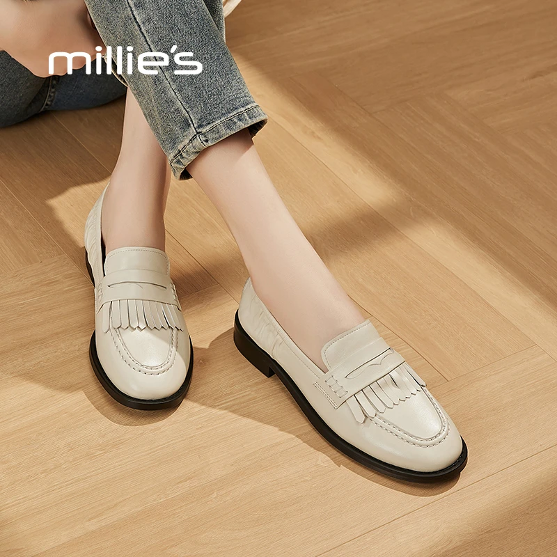 妙丽真皮乐福鞋女2025新款春秋季白色平底单鞋英伦风一脚蹬小皮鞋