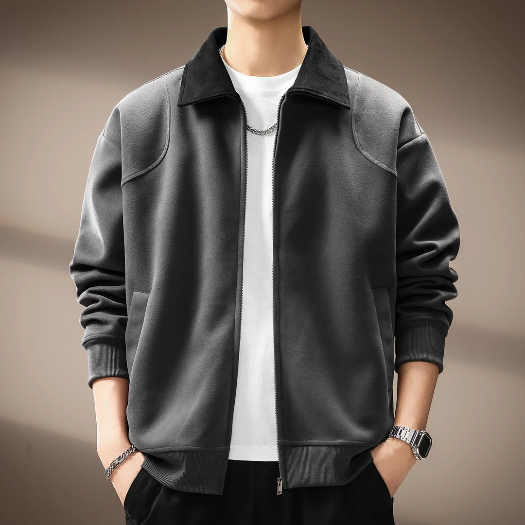 高端重磅休闲翻领开衫卫衣男士秋季新款日系复古宽松百搭简约外套