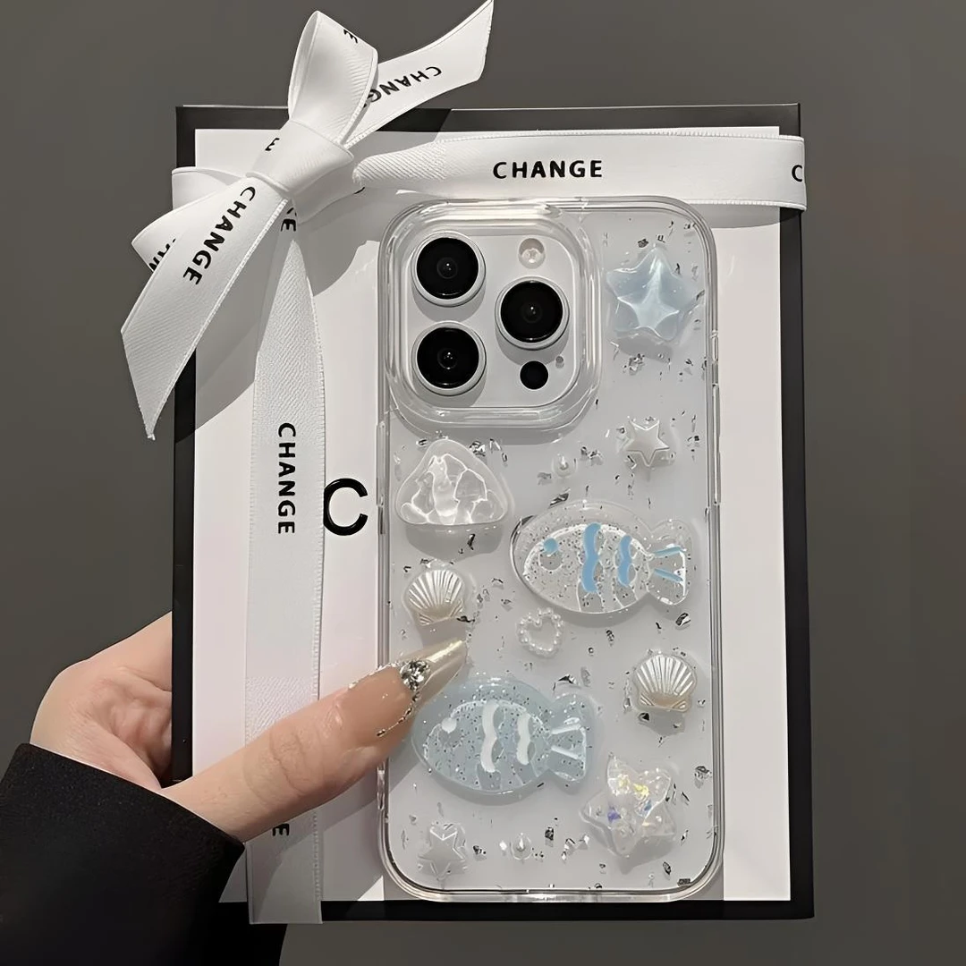 立体贝壳小鱼适用苹果17 16 Reno15 vivo 华为荣耀小米一加手机壳