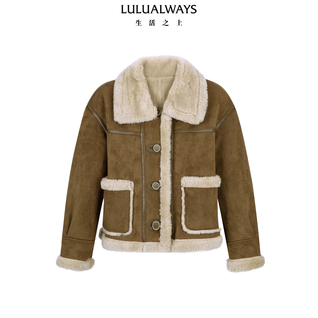 LULUALWAYS我爱露露24冬季新款休闲宽松百搭麂皮翻领拼接短外套女