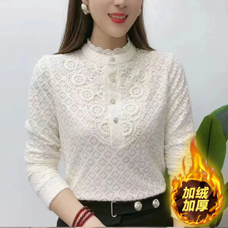 加绒加厚秋冬新款打底衫女时尚上衣妈妈半高领洋气百搭蕾丝小衫潮