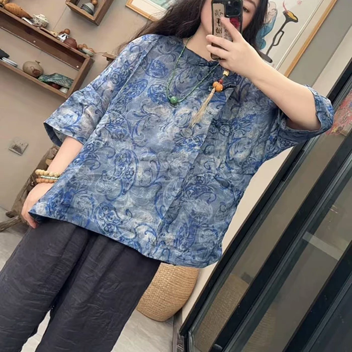 小秋推荐 苎麻印花七分袖斜襟复古盘扣衬衫 2523-B 胸围143衣长71