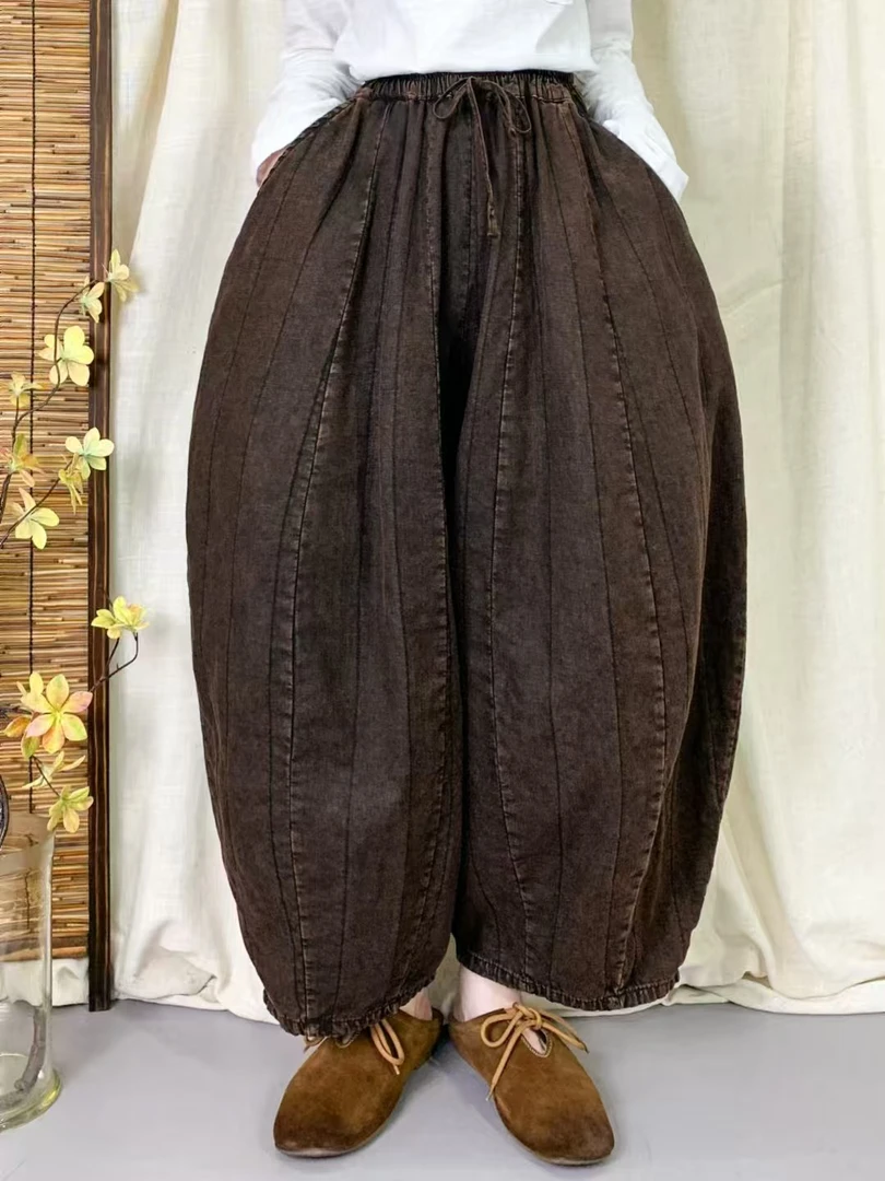 春秋新款复古砂洗休闲灯笼裤宽松拼接南瓜裤厚款
