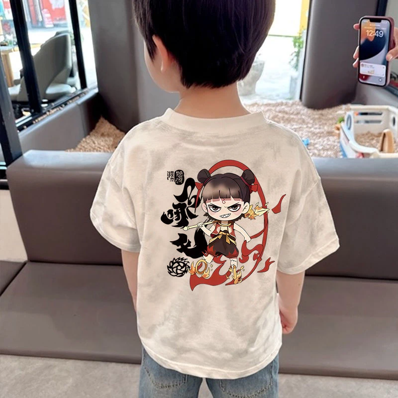 2025夏新款童装男童女宝宝卡通印花纯棉T恤百搭儿童宽松哪吒上衣