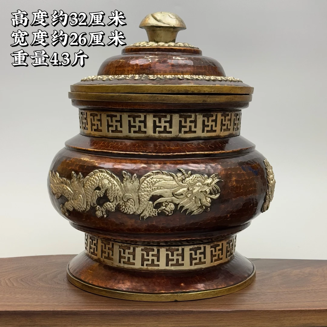【尼泊尔纯手工藏式糌粑盒摆件】万字双龙款纯铜手工民族风摆件