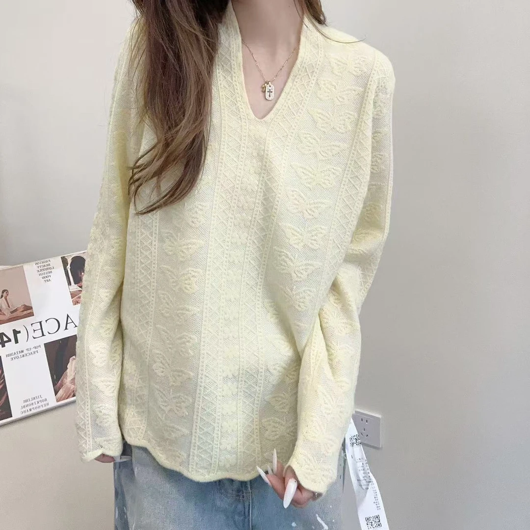 【俩月羊绒】轻奢250035-100山羊绒时尚百搭款V 领提花针织套头衫