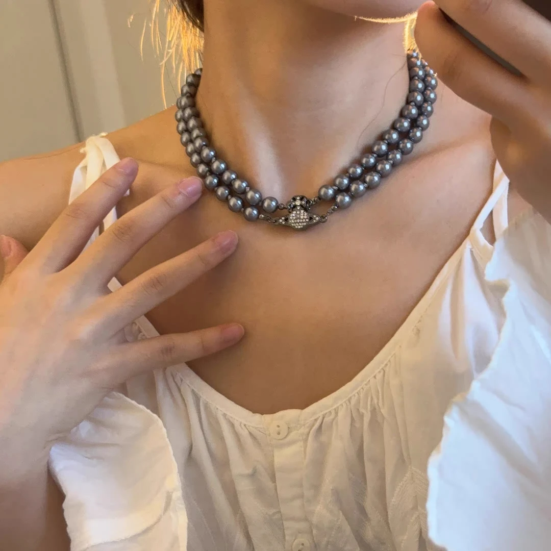 铜合金项链 双层灰色土星珍珠项链   8292