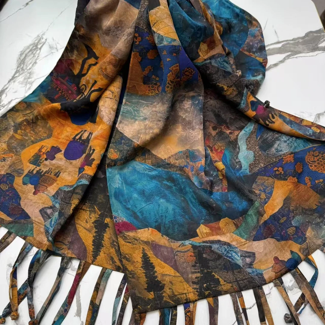 丝纡--丝绸之旅  双层双面绞萝盘扣流苏桑蚕丝香云纱210*52披肩