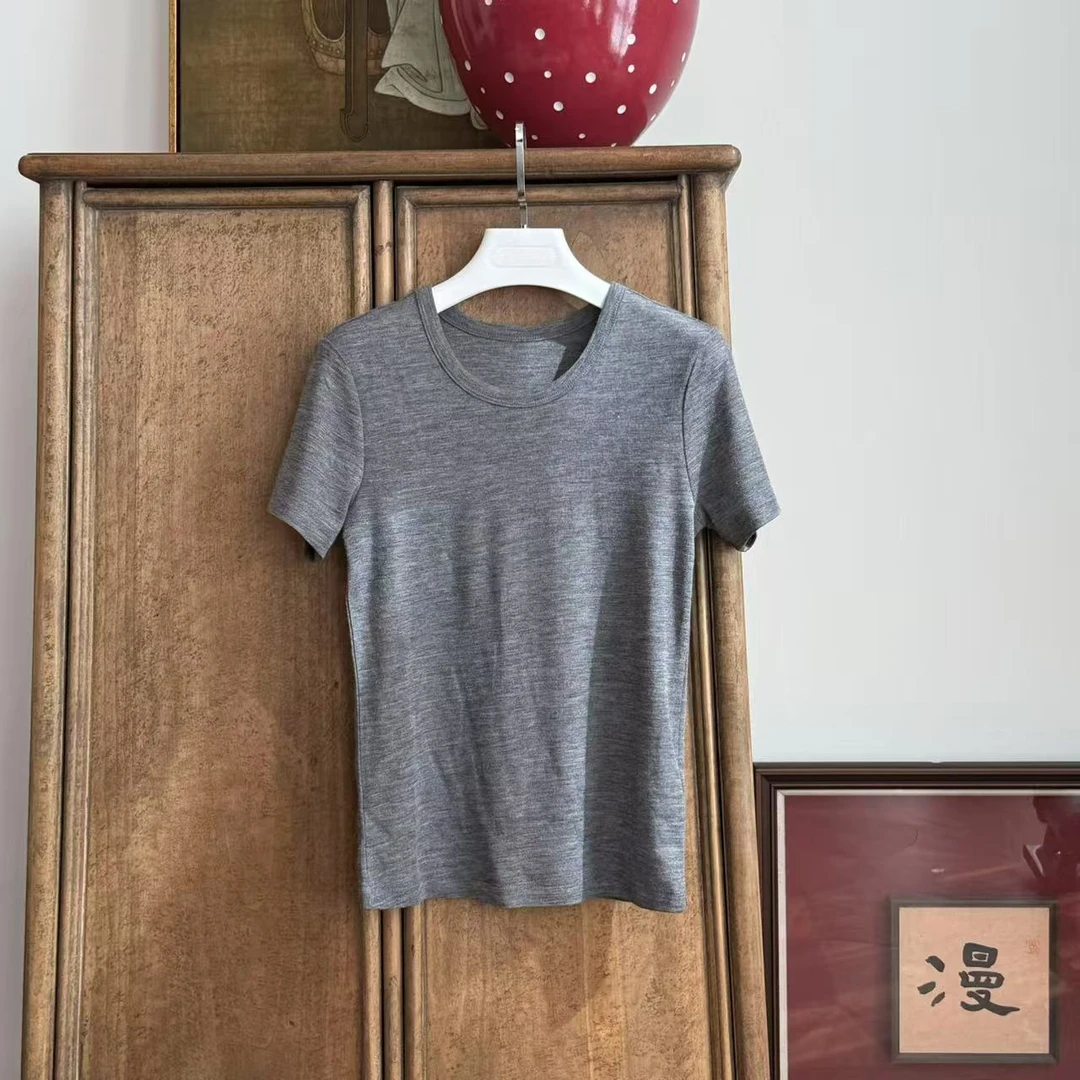 MYL2025年春季新款羊毛混纺灰色针织衫短袖打底圆领套头针织衫