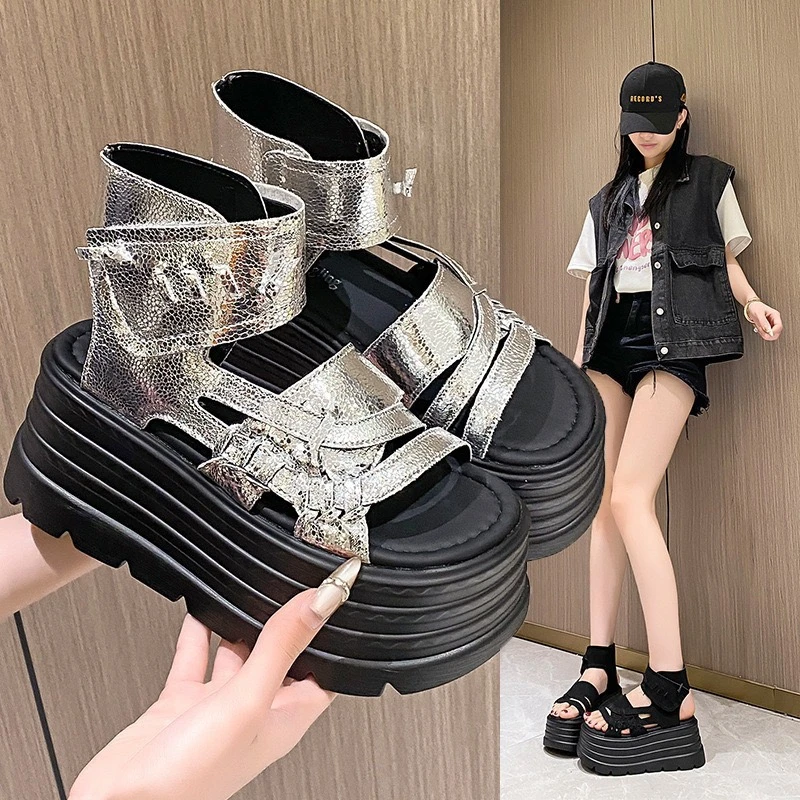 【走秀设计】12CM豹纹时尚增高罗马凉鞋沙滩松糕鞋高帮凉靴XBH5170