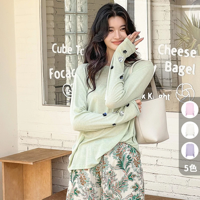 【现货】美洋MEIYANG花花小众打底衫 绵羊毛|薄荷曼波~波粒珠花T恤