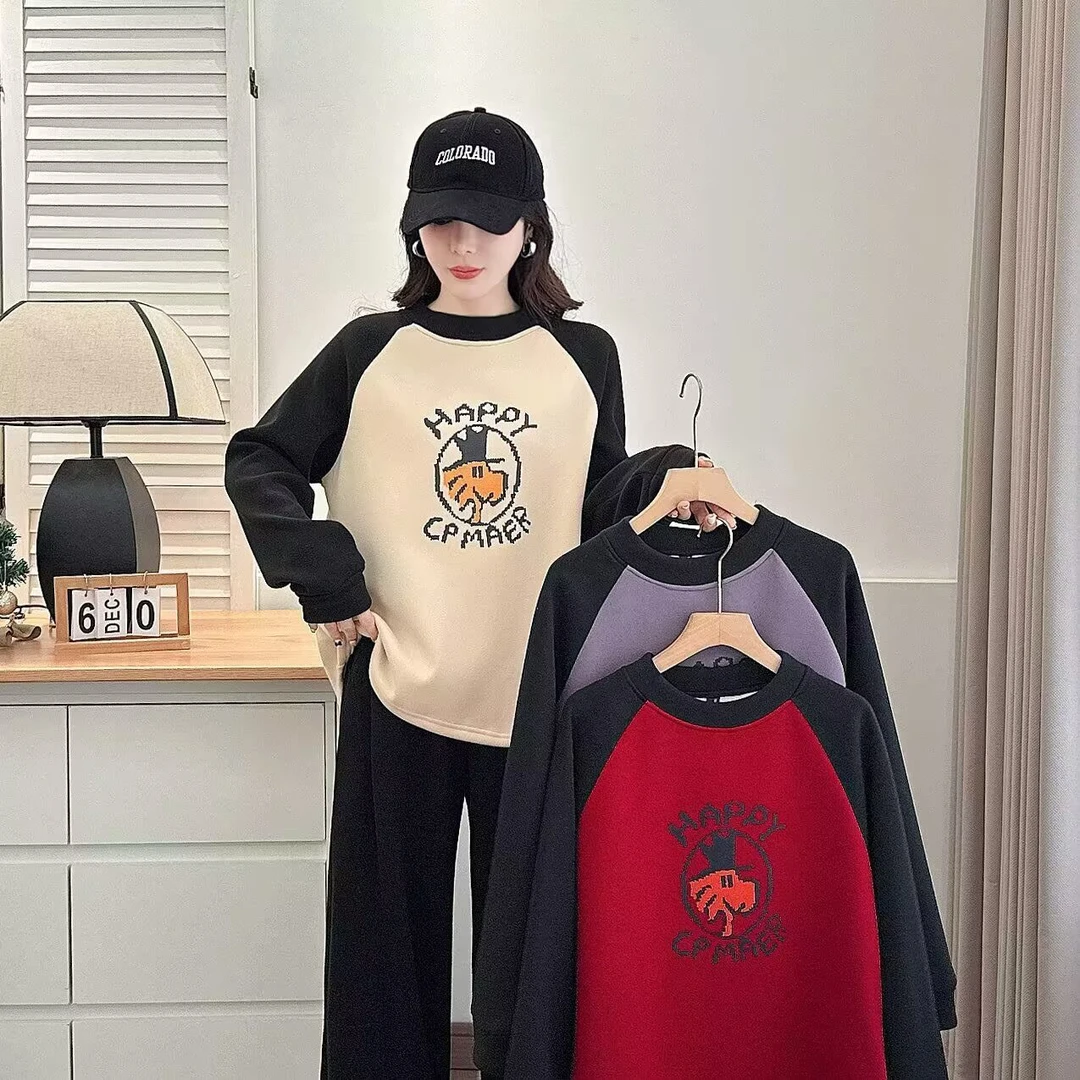 冬季印花保暖套头卫衣秋冬长袖加厚时尚针织拼接大码百搭打底衫