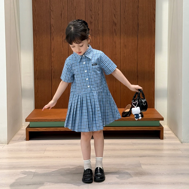 SKD2541女大童韩版学院风连衣裙夏装新款女童翻领格子休闲裙潮