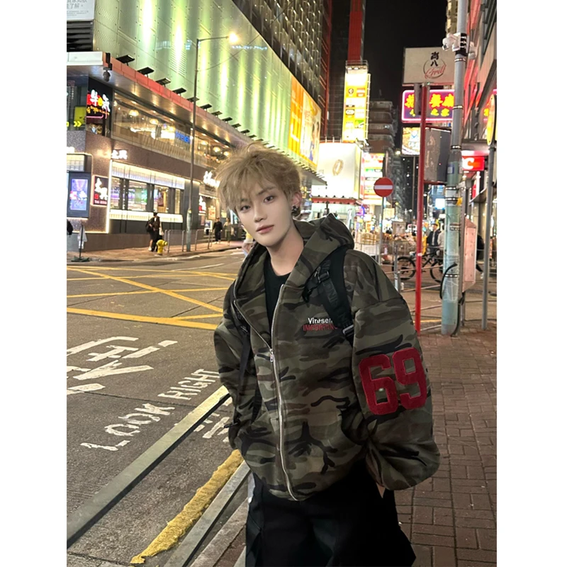 美式迷彩刺绣连帽外套男款秋季复古拉链开衫卫衣oversize情侣帽衫