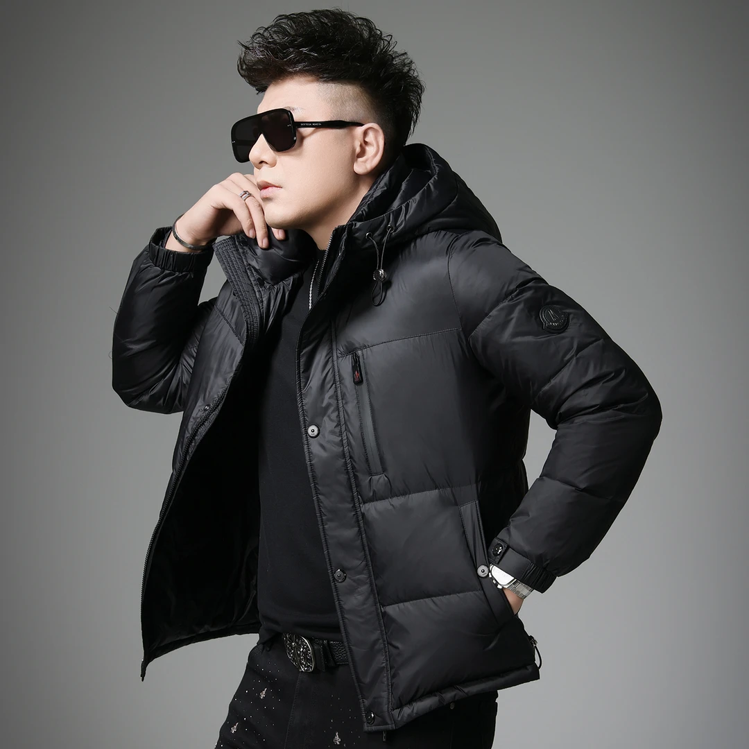 高端黑色连帽羽绒服男冬季2025新款潮牌白鸭绒加厚保暖外套男装