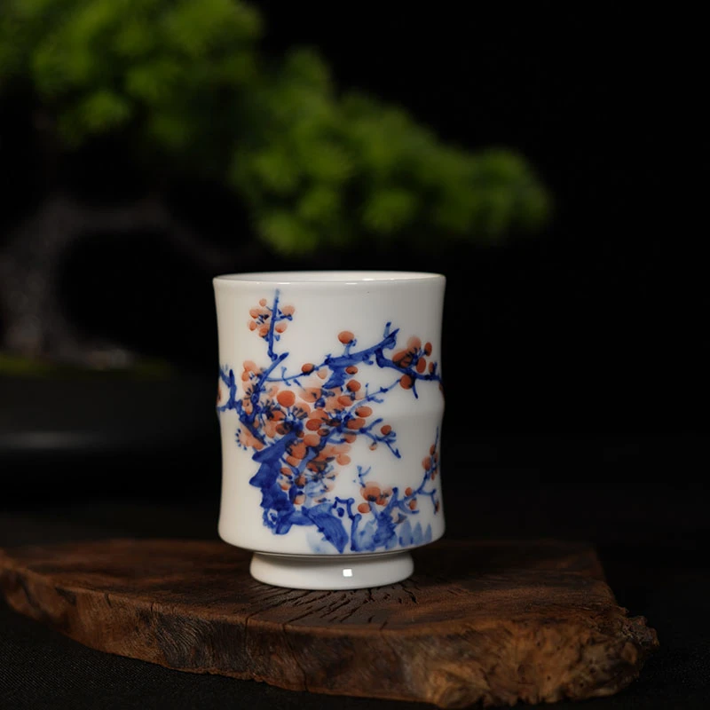 全手绘梅花图案陶瓷竹节茶杯纯手工柴窑