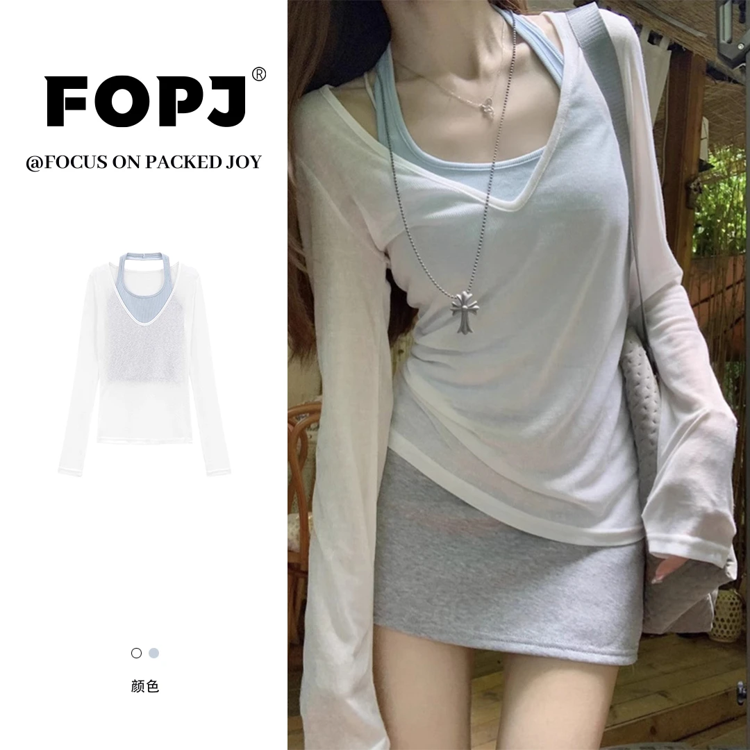 FOPJ夏季新款纯欲风穿搭长袖防晒罩衫设计感百搭吊带两件套上衣女