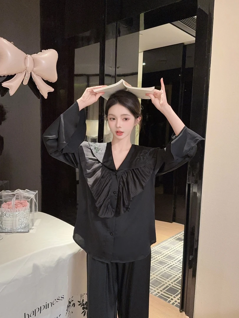 法式甜美少女风冰丝长袖长裤睡衣黑色宽松套装可外穿高级感家居服