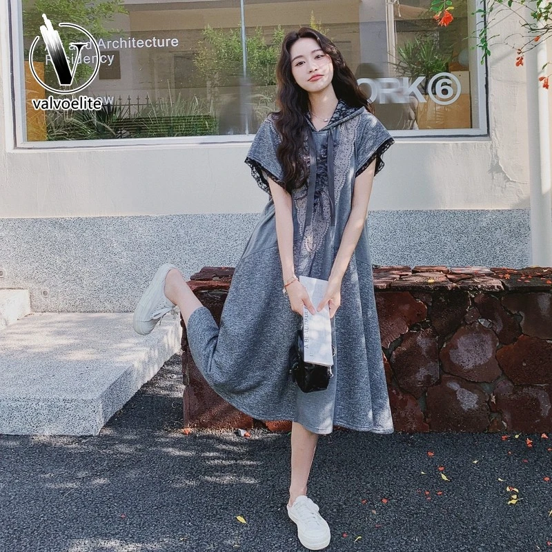 VALVOELITE灰色抽绳T恤连衣裙女新款夏季慵懒风日系蕾丝拼接长裙