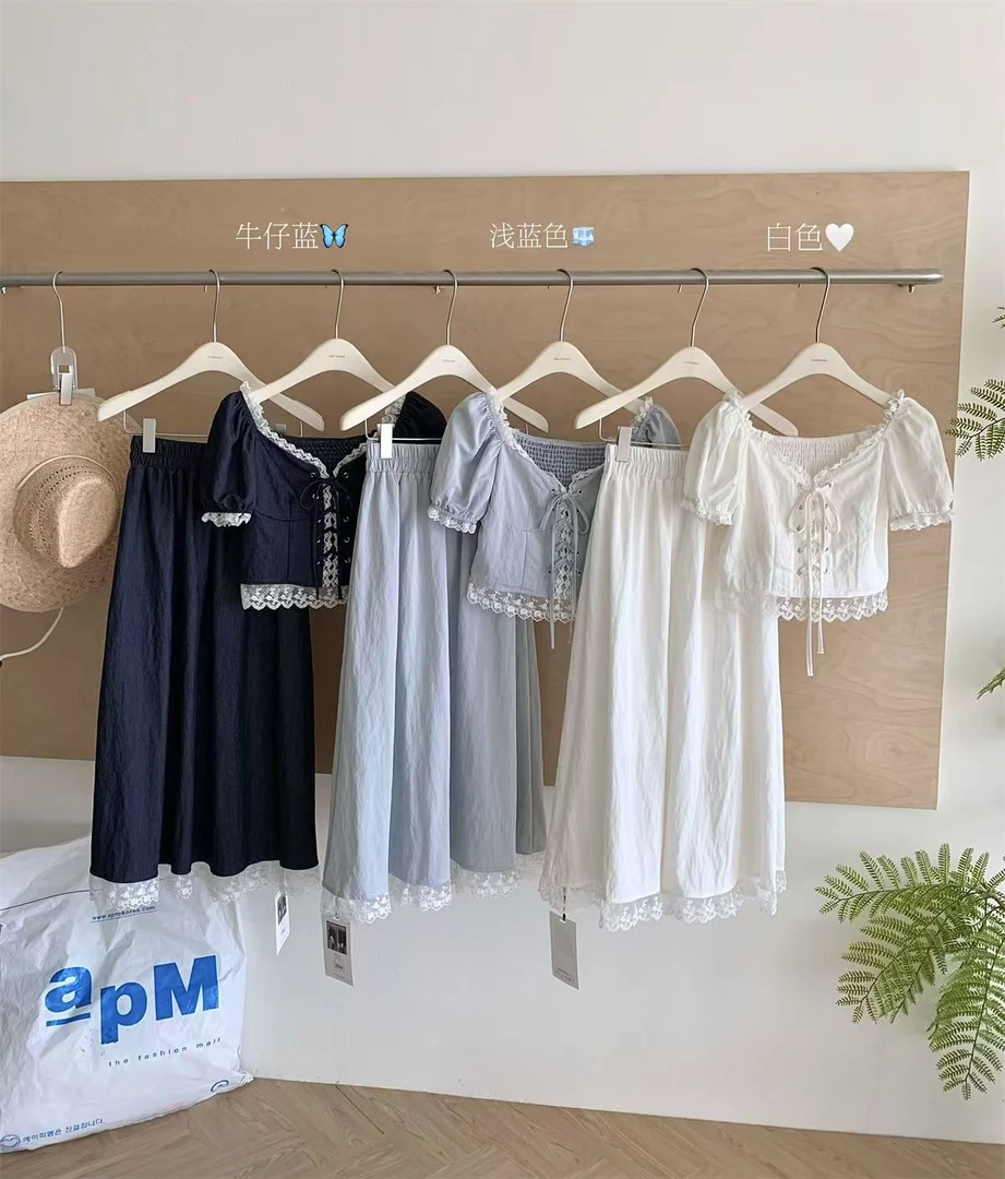 韩系时尚套装女夏季2025新款花边蕾丝拼接高腰半身裙两件套