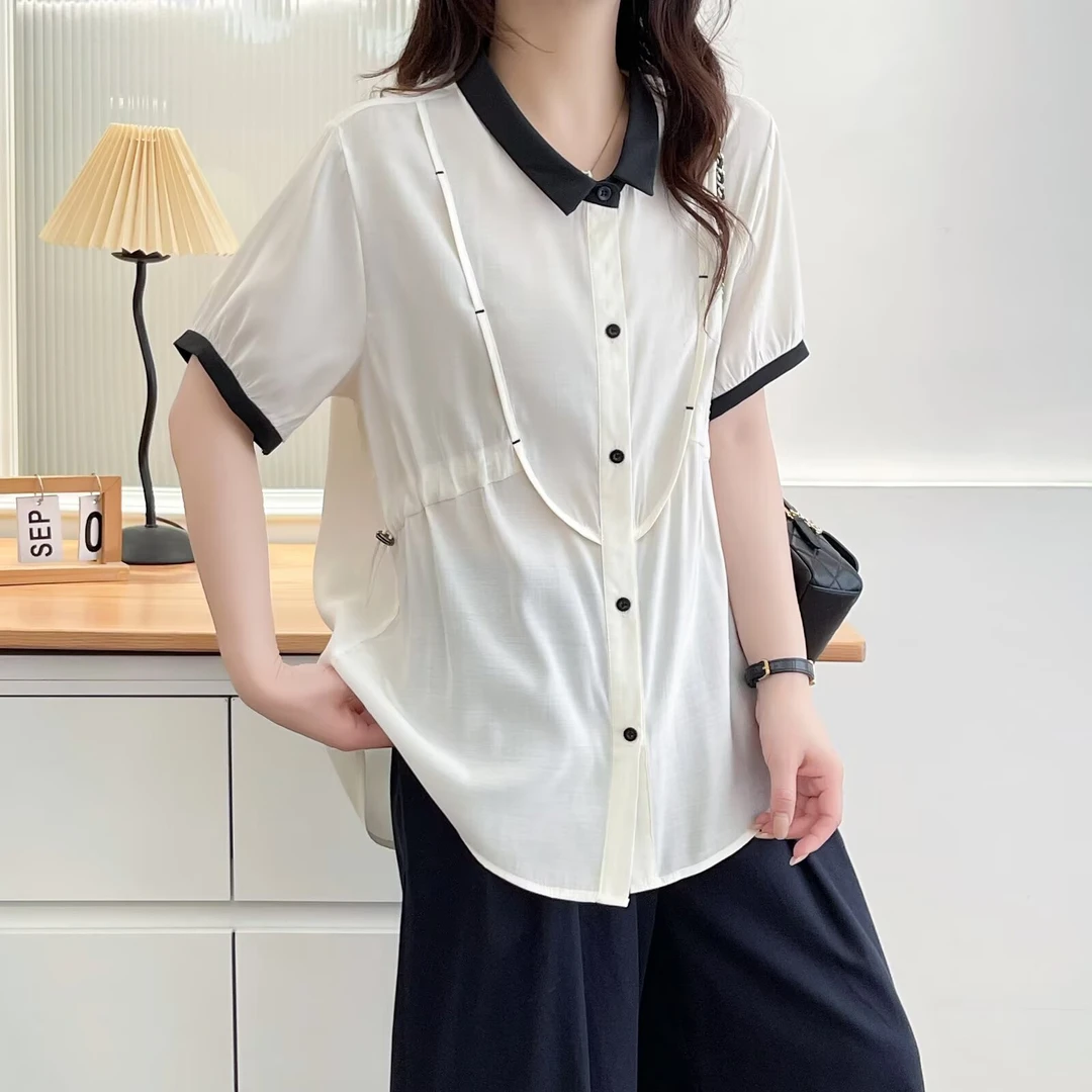 夏季清凉大码女装大码撞色衬衫短袖薄款抽褶单排扣