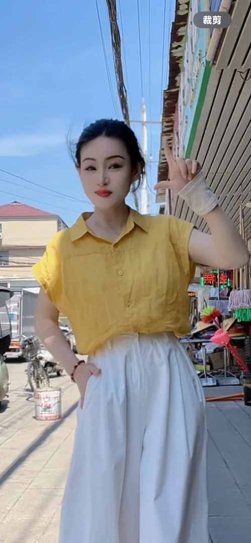 竺麻短款短袖夏季衬衫高腰百搭休闲时尚