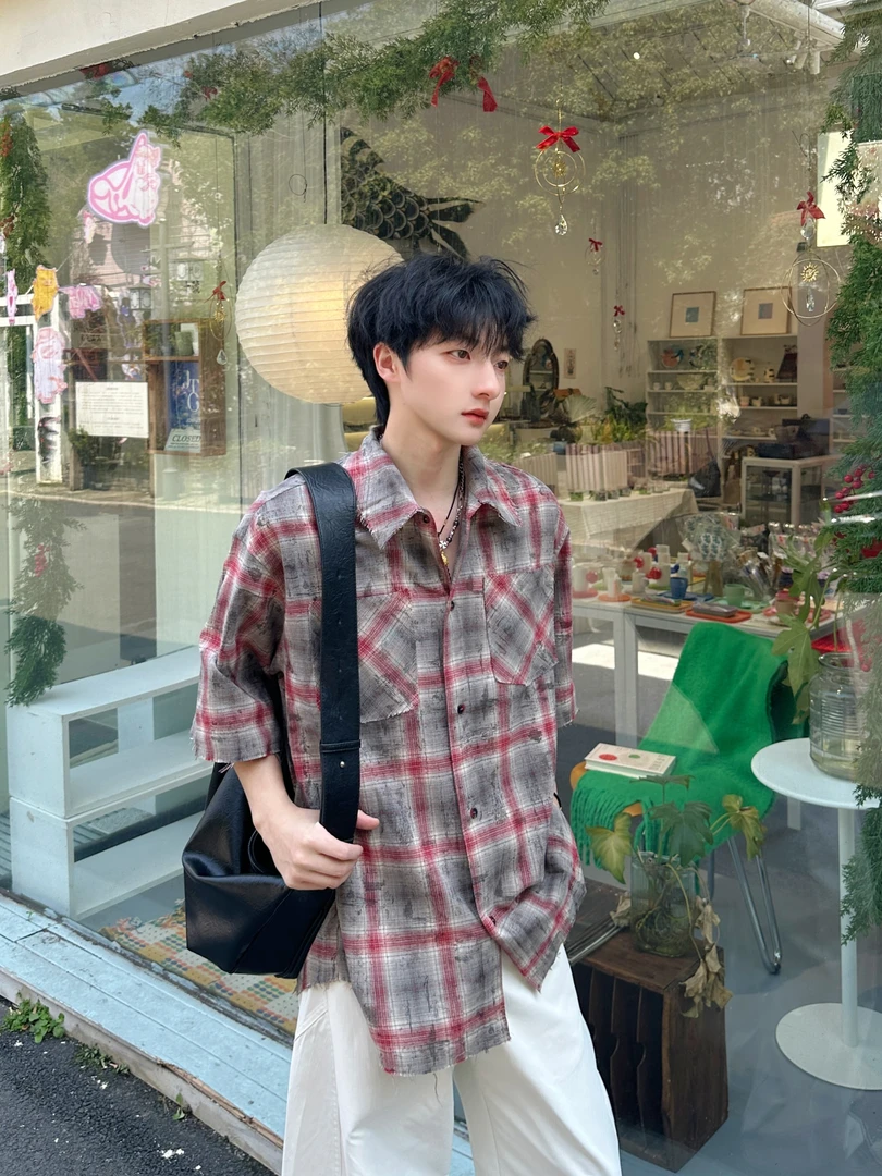Fikzz美式复古渐变格子短袖衬衫夏季设计感宽松情侣百搭衬衫T恤