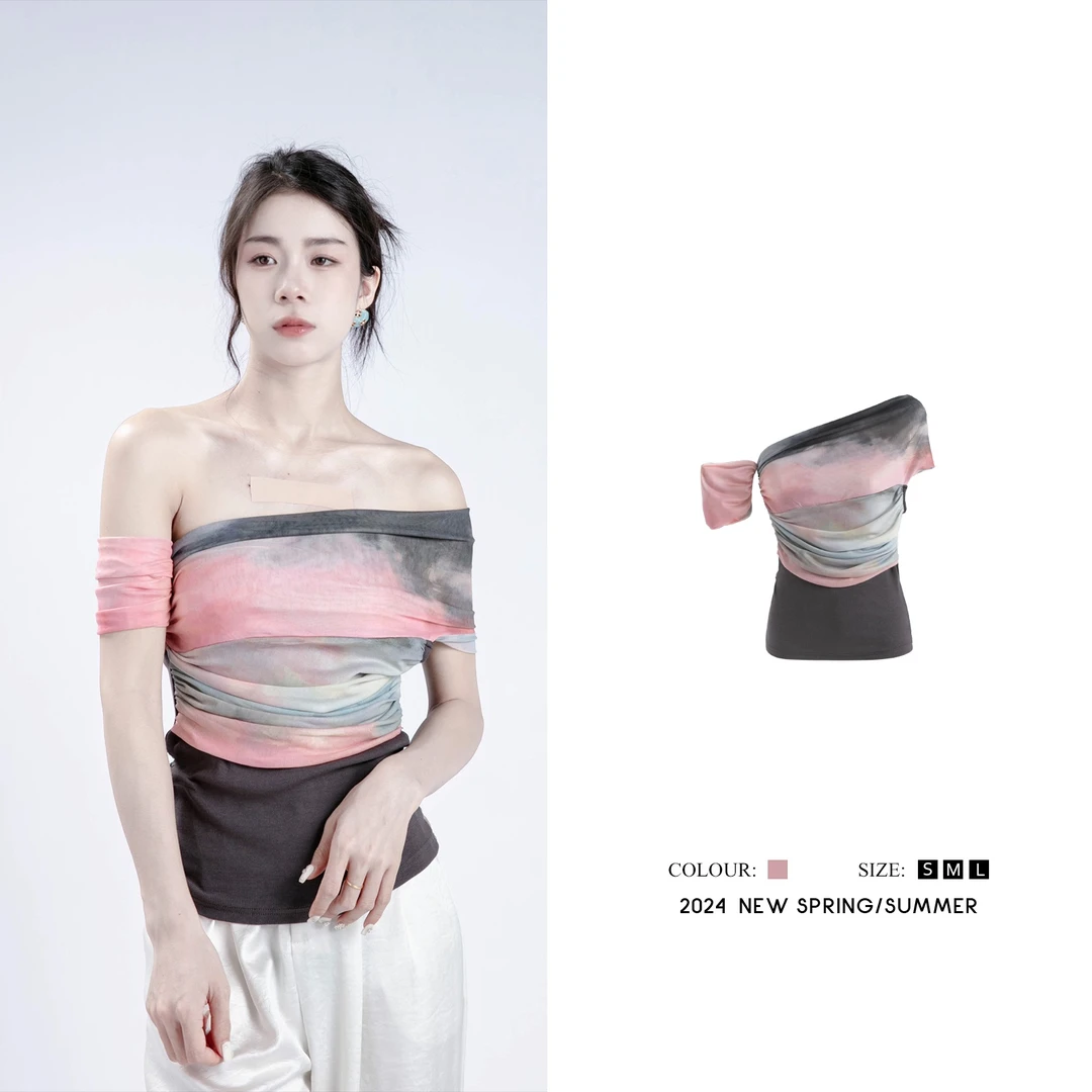 夏季小众设计感晕染 斜肩性感拼接显瘦上衣女F592261