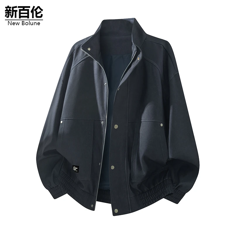 新百伦/NEW BOLUNE黑色夹克外套男高领秋季新款痞帅工装男装上衣