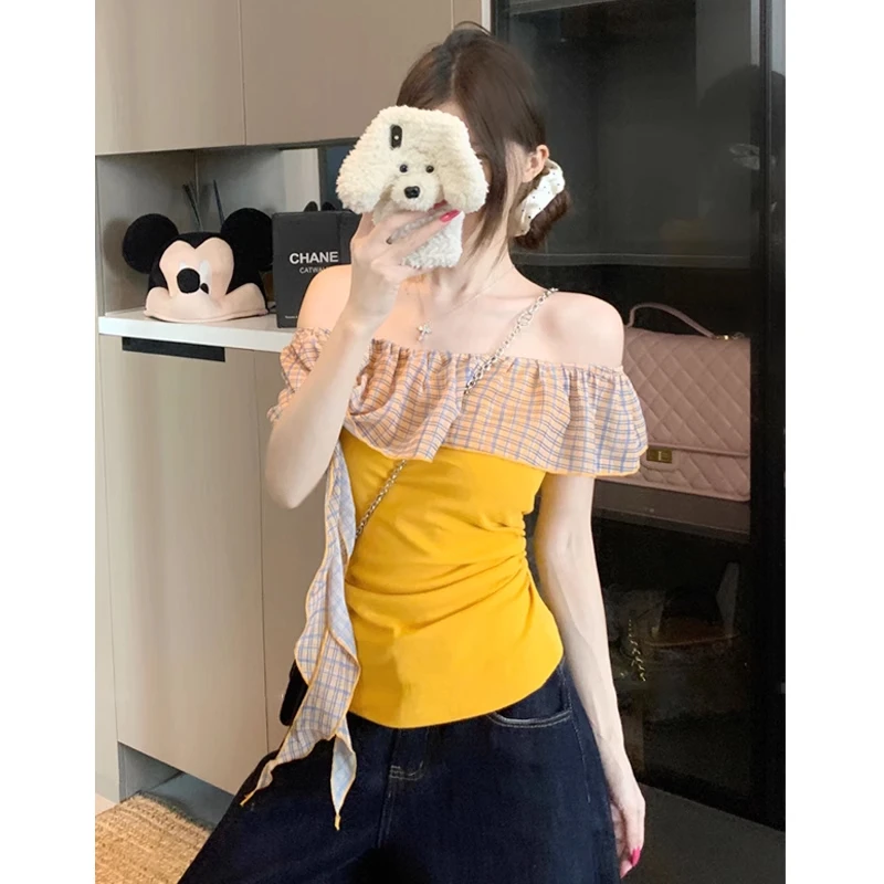 纯欲一字领短袖t恤女夏季2025新款修身辣妹设计感别致超好看上衣