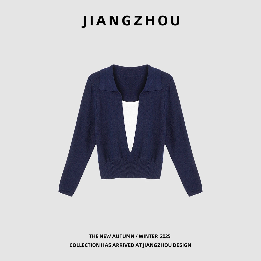 江洲【墨薰】秋季新款高级感假两件翻领设计感显瘦百搭气质针织上衣