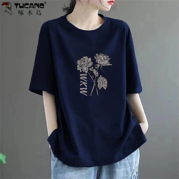 【啄木鳥】纯棉新款宽松百搭中长款彩色时尚纯棉印花短袖韩版T恤