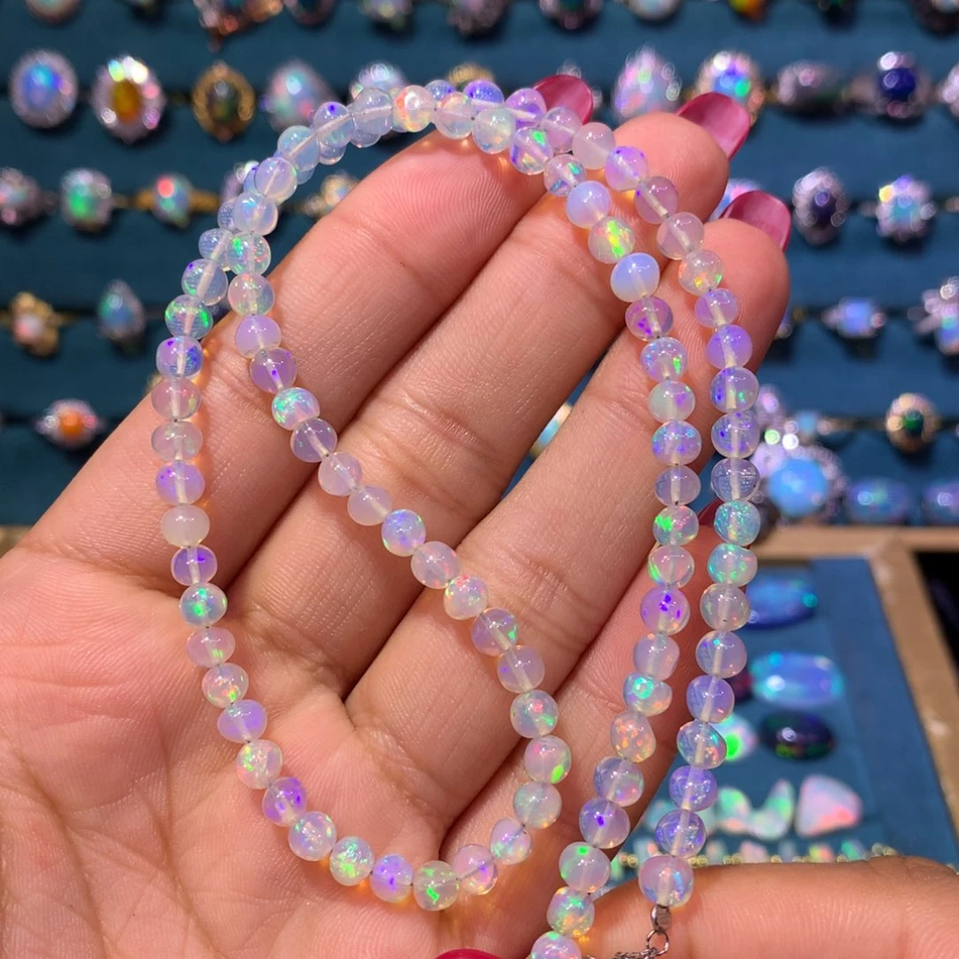 欧泊银S925镶嵌小米珠项链 4.5-5mm