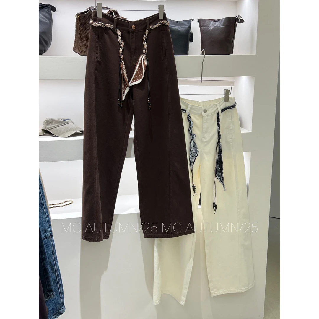 【丝巾串珠腰带牛仔裤】欧洲站秋季百搭显瘦阔腿裤180801