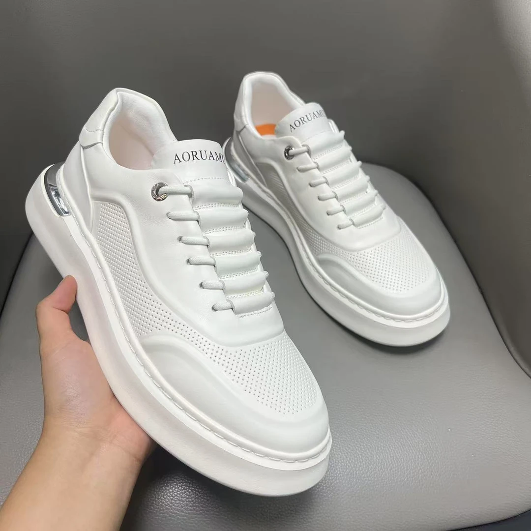 jmuxi男鞋夏季打孔透气真皮厚底潮流小白鞋男增高休闲板鞋男