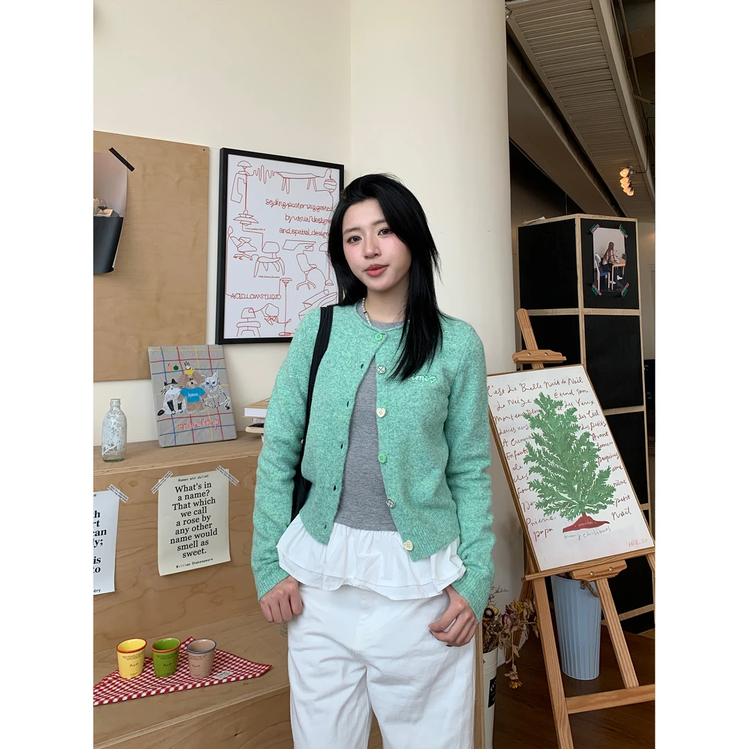 木子羊 花纱绒绒杂色小卷边毛衣开衫外套女秋季针织衫上衣