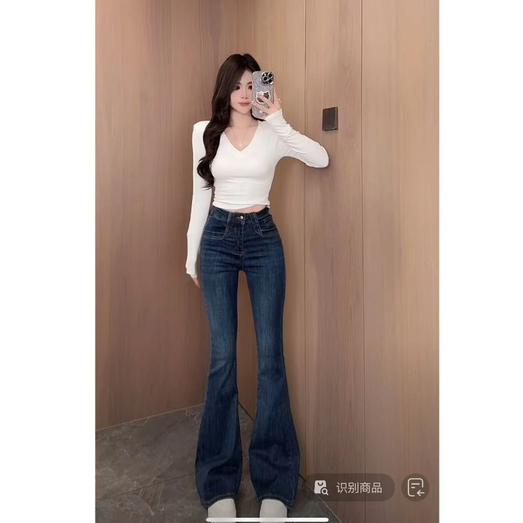 曼曼【随性时光】高腰修身显瘦喇叭牛仔裤子Z1567